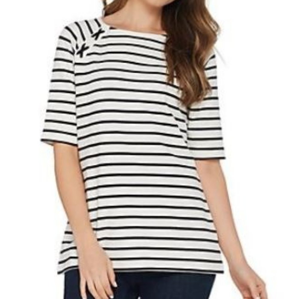 Denim & Co Elbow-Sleeve French Terry Striped Top - Picture 1 of 3